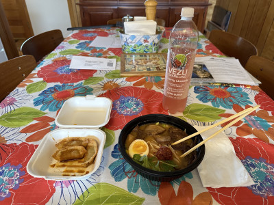 The spicy &quot;Gojiramen&quot; bowl, with a side of gyoza.